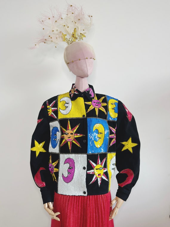 1980s Sequin Bomber Jacket Moon Sun Star Faces Psy