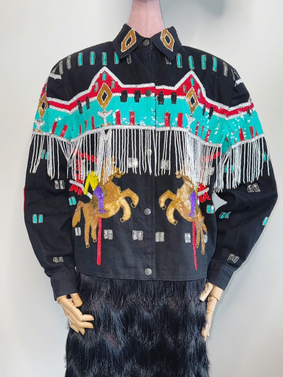 1980s Sequin Bomber Jacket Kowboy Rodeo, Horses b… - image 6