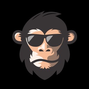 Puede incluir: Ilustraci&oacute;n estilizada de un chimpanc&eacute; con gafas de sol negras. El chimpanc&eacute; tiene la cara, las orejas y las manos de color marr&oacute;n claro, con pelaje gris oscuro y un fondo negro.