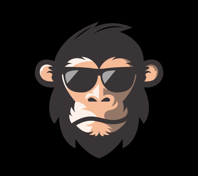 Puede incluir: Ilustraci&oacute;n estilizada de un chimpanc&eacute; con gafas de sol negras. El chimpanc&eacute; tiene la cara, las orejas y las manos de color marr&oacute;n claro, con pelaje gris oscuro y un fondo negro.