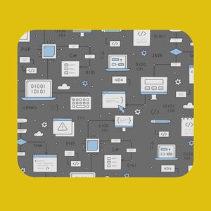 Peut inclure: Un fond gris avec une vari&eacute;t&eacute; d'ic&ocirc;nes informatiques bleues et blanches, y compris du code, des messages d'erreur et des langages de programmation tels que PHP, Java et C#. Les ic&ocirc;nes sont reli&eacute;es par des lignes et des fl&egrave;ches, cr&eacute;ant un r&eacute;seau complexe.