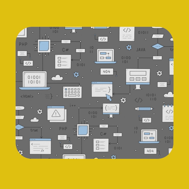 Peut inclure: Un fond gris avec une vari&eacute;t&eacute; d'ic&ocirc;nes informatiques bleues et blanches, y compris du code, des messages d'erreur et des langages de programmation tels que PHP, Java et C#. Les ic&ocirc;nes sont reli&eacute;es par des lignes et des fl&egrave;ches, cr&eacute;ant un r&eacute;seau complexe.