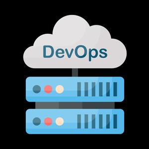 K&ouml;nnte beinhalten: Eine digitale Illustration einer Wolke mit dem Wort "DevOps" in blauer Schrift &uuml;ber zwei blauen Servereinheiten. Die Server haben farbige Kreise und vertikale Linien. Der Hintergrund ist schwarz.