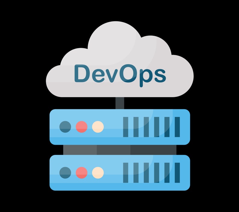 K&ouml;nnte beinhalten: Eine digitale Illustration einer Wolke mit dem Wort "DevOps" in blauer Schrift &uuml;ber zwei blauen Servereinheiten. Die Server haben farbige Kreise und vertikale Linien. Der Hintergrund ist schwarz.