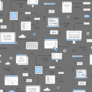 Peut inclure: Un fond gris avec une vari&eacute;t&eacute; d'ic&ocirc;nes de programmation et de d&eacute;veloppement web, y compris du code, des ordinateurs et des messages d'erreur. Les ic&ocirc;nes sont reli&eacute;es par des lignes et des fl&egrave;ches, repr&eacute;sentant le flux d'informations et les processus. Le texte "PHP", "C#", "JAVA", "true", "10101", "0100", "101", "404", "<html>", "</>", "++", "10", "11", et "0101" est visible sur l'image.