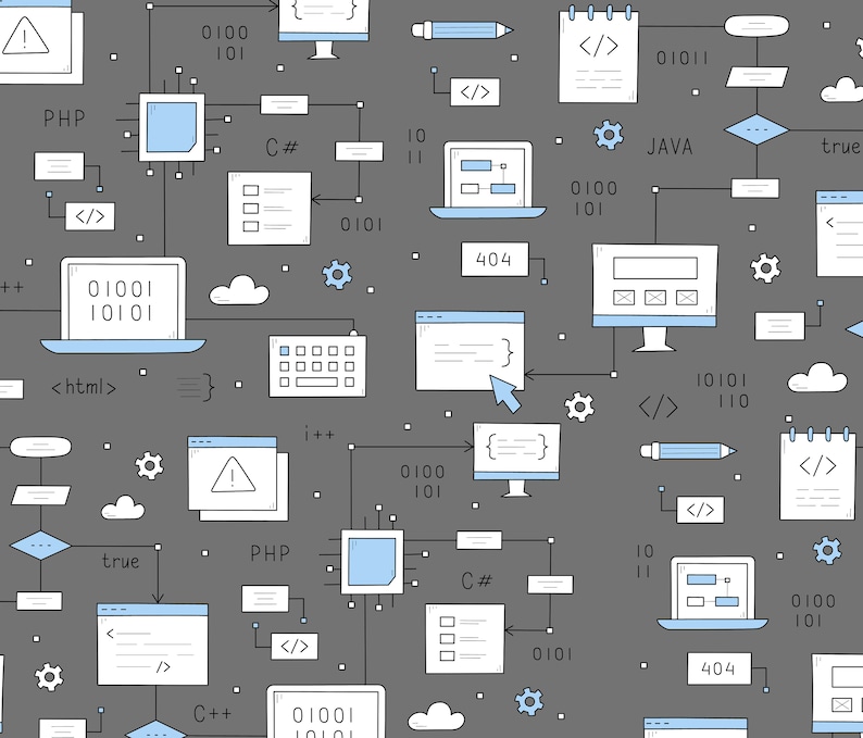 Peut inclure: Un fond gris avec une vari&eacute;t&eacute; d'ic&ocirc;nes de programmation et de d&eacute;veloppement web, y compris du code, des ordinateurs et des messages d'erreur. Les ic&ocirc;nes sont reli&eacute;es par des lignes et des fl&egrave;ches, repr&eacute;sentant le flux d'informations et les processus. Le texte "PHP", "C#", "JAVA", "true", "10101", "0100", "101", "404", "<html>", "</>", "++", "10", "11", et "0101" est visible sur l'image.