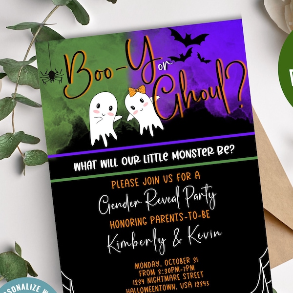 Boo-Y or Ghoul? Black Halloween Gender Reveal Invitation- Digital Invitation - Baby Reveal Party- Halloween Party evite - Corji-