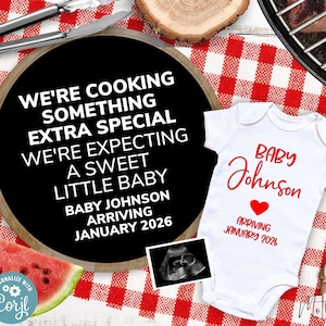 BBQ Summer Pregnancy Announcement with Circle Sign and Baby Bodysuit | Baby Bodysuit, Ultrasound, & Letter Board Baby | Facebook, Instagram