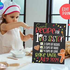 EDITABLE Christmas Recipe For 1 Big Sister Sibling Announcement Sign | Pregnancy Announcement | Chalkboard Sign | Photo Prop | Canva