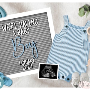 Anuncio de embarazo de bebé niño con tablero de letras + Foto de ultrasonido + Anuncio de bebé digital + Revelación de embarazo + Facebook + Instagram