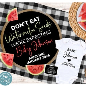 Watermelon Seeds Summer Pregnancy Announcement Digital Photo | White Baby Bodysuit, Ultrasound, & Letterboard Baby | Facebook, Instagram