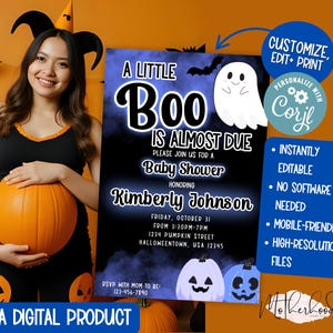 A Little Boo is Almost Due Baby Shower Invitation Card (Blue + black)| Halloween Baby Shower | Fall Baby Shower | Boy Baby Shower | Corjl