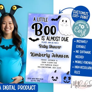 A Little Boo is Almost Due Baby Shower Invitation Card (Blue + White)| Halloween Baby Shower | Fall Baby Shower | Boy Baby Shower | Corjl