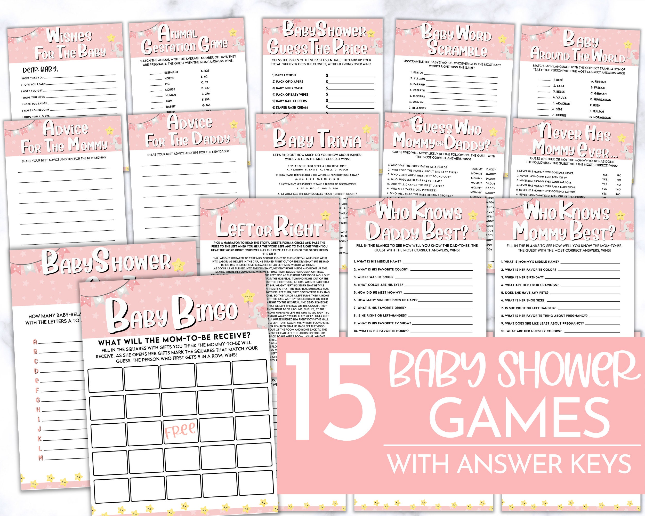 15 Printable Pink Elephant Baby Shower Game Bundle | Baby Girl Baby ...