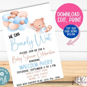 Bewerkbare We kunnen Bearly wachten Baby Boy - Baby shower uitnodiging | Teddybeer met ballonnen | Blauw | Heteluchtballonnen | Babyjongen babyshower