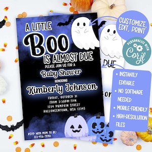 A Little Boo is Almost Due Baby Shower Invitation Card (Blue + Black)| Halloween Baby Shower | Fall Baby Shower | Boy Baby Shower | Corjl