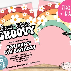 Four Ever Groovy 4th Birthday Invitation Card + Groovy Birthday Invitation + Retro Birthday Invitation + 4th birthday + Hippie Birthday