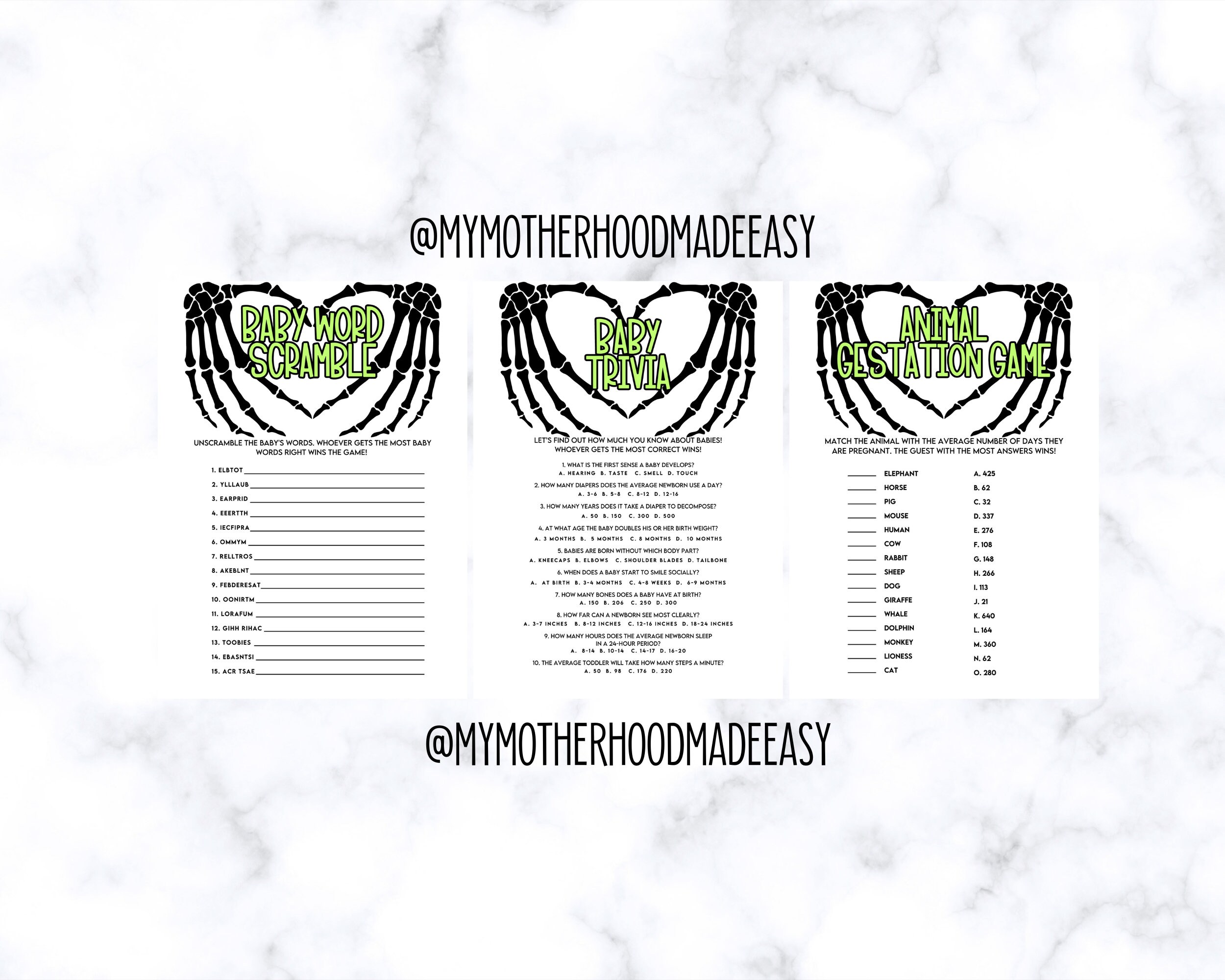 Green Skeleton Baby Shower Games Bundle Printable Baby Party Games