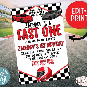 Fast One First Birthday Party Invitation Card + Printable Birthday Invitation Card + Race Car Themed + Fast Car Kids Birthday