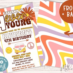 4Ever Young Birthday Party Invitation Card + Groovy Birthday Invitation + Retro Birthday Invitation + 4th birthday + Hippie Birthday + Corjl