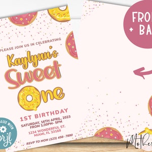 Sweet One Baby Girl eerste verjaardagsfeestje uitnodigingskaart + afdrukbare verjaardagsuitnodiging + donut thema + One is Sweet Birthday Party