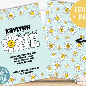 Blue Daisy First Birthday Party Invitation Card + Groovy Birthday Invitation + Retro Birthday Invitation + 1st birthday + Hippie Birthday