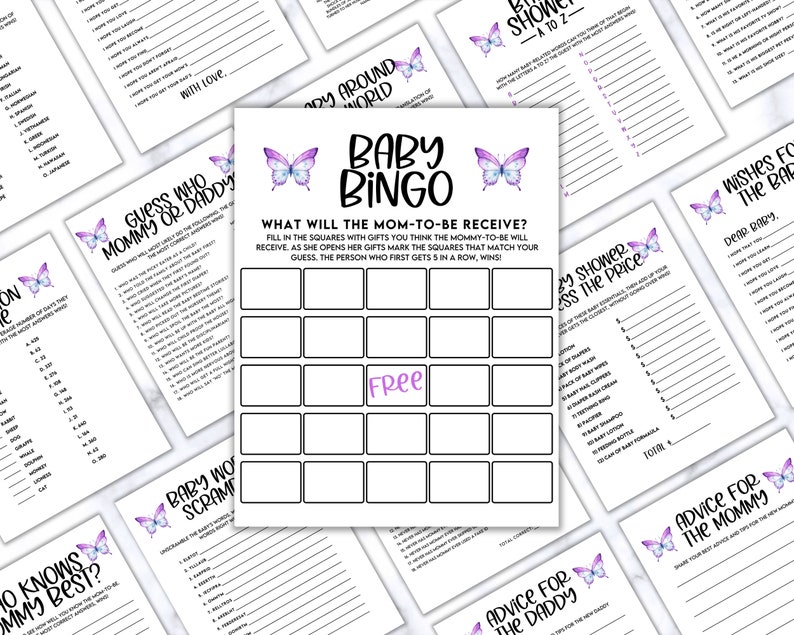 Pink Purple Butterfly Baby Shower Games Bundle Baby Girl Baby Shower