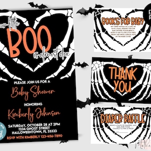 Orange Skeleton Halloween Baby Shower Bundle | Baby Shower Invitation + Thank You Card + Books for Baby + Diaper Raffle | Unisex Baby Shower