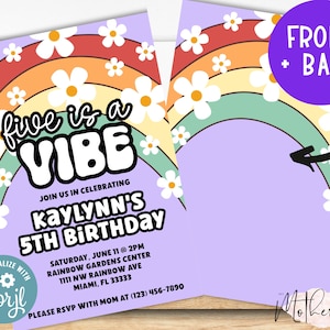 5 is a Vibe 5th Birthday Party Invitation Card + Groovy Birthday Invitation + Retro Birthday Invitation + 5th birthday + Hippie Birthday