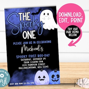 The Spooky One First Birthday Invitation Card BLK + Halloween 1st birthday +  Boy first birthday + Halloween invitation template + Pumpkins