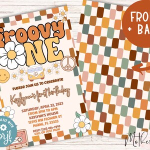 Biglietto d&#39;invito per la festa del primo compleanno di Groovy One + Invito di compleanno Groovy + Invito di compleanno retrò + 1° compleanno + Compleanno hippie