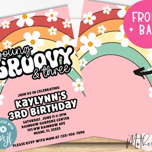 Biglietto d&#39;invito per il 3° compleanno Young Groovy & Three + Invito di compleanno Groovy + Invito di compleanno retrò + 3° compleanno + Compleanno hippie