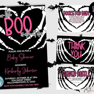 Pink Skeleton Halloween Baby Shower Bundle | Baby Shower Invitation + Thank You Card + Books for Baby + Diaper Raffle | Girl Baby Shower