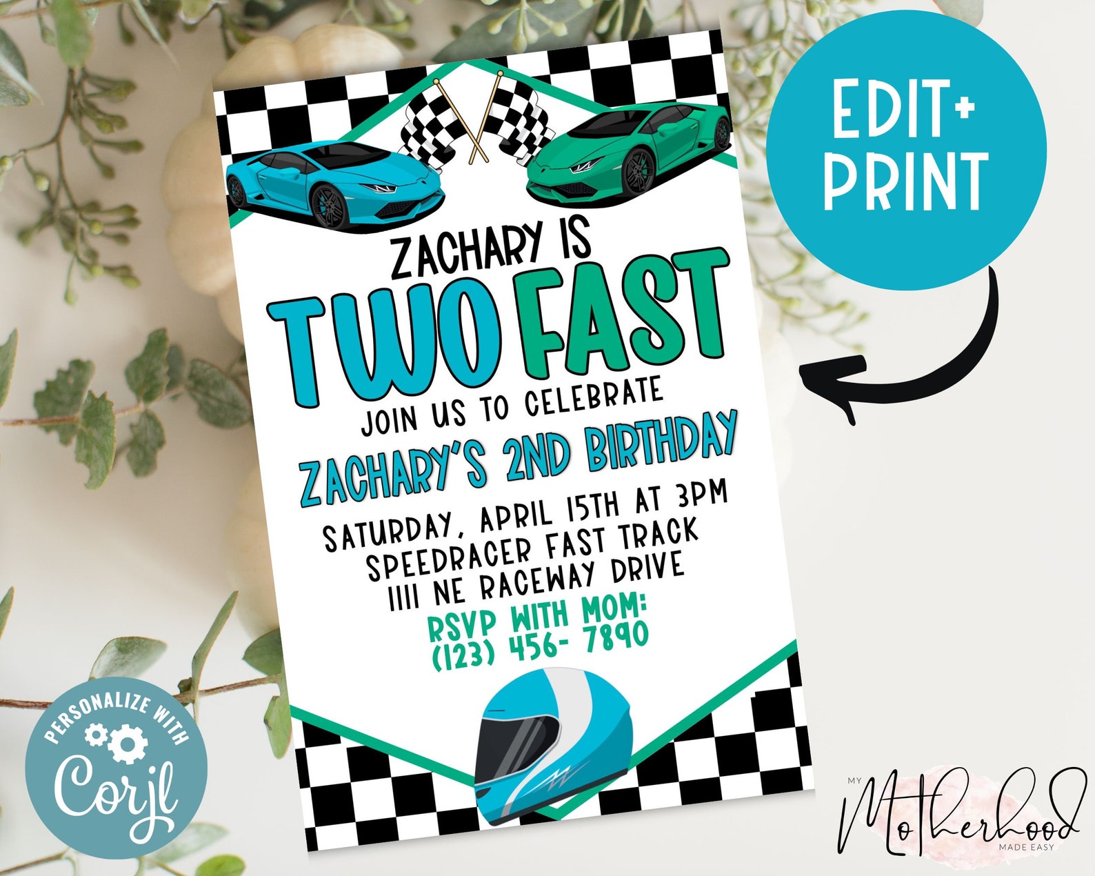 Two Fast 2nd Birthday Party Invitation Card + Printable Birthday ...