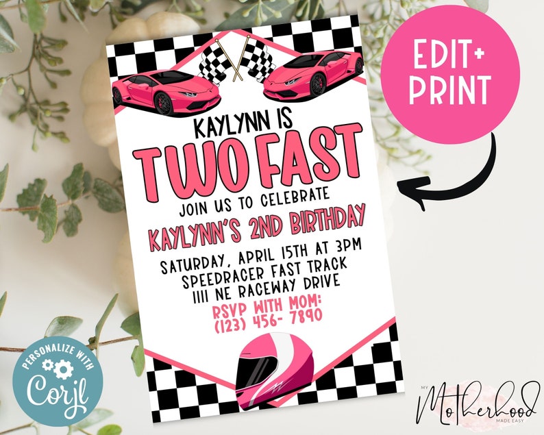 Two Fast 2nd Birthday Party Invitation Card + Printable Birthday ...