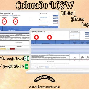 Puede incluir: Una hoja de cálculo digital de registro de horas clínicas Colorado LCSW mostrada en dos pantallas de computadora portátil. La interfaz incluye secciones para horas de experiencia y supervisión, contacto y una tabla detallada.