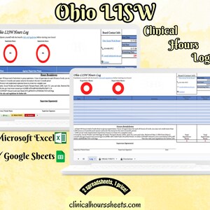 May include: Two laptops displaying an Ohio LISW Hours Log, with red circles and text. The image includes the text "Clinical Hours Log", and icons for Microsoft Excel and Google Sheets. The website clinicalhourssheets.com is also visible.