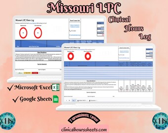 Puede incluir: Dos portátiles que muestran un registro de horas clínicas de Missouri LPC. El texto incluye "Missouri LPC", "Clinical Hours Log" y "2 hojas de cálculo, 1 precio!". La imagen también muestra los logotipos de Microsoft Excel y Google Sheets.