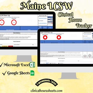 Può includere: Due monitor di computer che mostrano un foglio di calcolo "Maine LCSW Clinical Hours Tracker". L'immagine include il testo "Microsoft Excel" e "Google Sheets". Sono visibili anche le scritte "2 fogli di calcolo, 1 prezzo!" e "clinicalhourssheets.com".