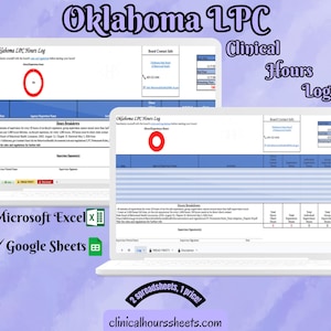 Puede incluir: Dos portátiles que muestran una hoja de cálculo de Oklahoma LPC Hours Log. La imagen incluye el texto "Oklahoma LPC", "Clinical Hours Log", y los logotipos de "Microsoft Excel" y "Google Sheets". También es visible la dirección del sitio web clinicalhourssheets.com.
