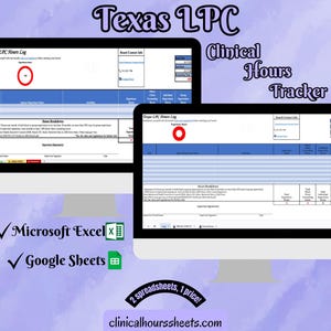 Puede incluir: Dos monitores de computadora que muestran una plantilla de Texas LPC Hours Log. La imagen incluye el texto "Texas LPC", "Clinical Hours Tracker", "Microsoft Excel", "Google Sheets" y "2 spreadsheets, 1 price!" sobre un fondo morado.
