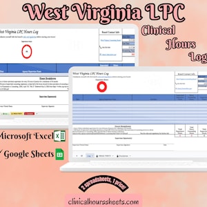 May include: Two laptops displaying a West Virginia LPC Clinical Hours Log. The image includes the text "West Virginia LPC Clinical Hours Log", "Microsoft Excel", "Google Sheets", and "2 spreadsheets, 1 price!" on a pink background.
