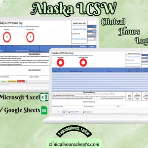 Può includere: Due laptop che mostrano un modello "Alaska LCSW Hours Log". Il testo "Alaska LCSW" è in alto, con "Clinical Hours Log" a destra. L'immagine include il testo "Microsoft Excel" e "Google Sheets". Il sito web "clinicalhourssheets.com" è anche visibile.