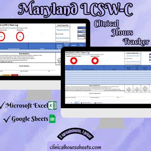 Op de afbeelding: Twee computermonitors met een Maryland LCSW-C Clinical Hours Tracker-spreadsheet. De afbeelding bevat de tekst "Maryland LCSW-C" en "Clinical Hours Tracker". De afbeelding bevat ook de tekst "Microsoft Excel" en "Google Sheets".