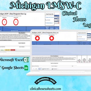 Op de afbeelding: Twee laptopschermen met een sjabloon "Michigan LMSW-C Clinical Designation Hours Log". De afbeelding bevat de tekst "Michigan LMSW-C Clinical Hours Log" en de logo's voor Microsoft Excel en Google Sheets. De achtergrond is een lichtblauw aquarelontwerp.