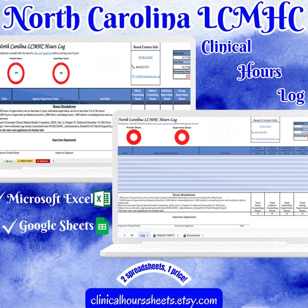 North Carolina LCMHC Clinical Hours Tracker, Supervision Log for Licensed Professional Counselor Associate - Student or Graduation Gift