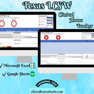 Op de afbeelding: Twee computermonitors met een Texas LCSW Clinical Hours Tracker. De tekst bevat "Texas LCSW", "Clinical Hours Tracker", "Microsoft Excel" en "Google Sheets". De achtergrond is een lichtblauw aquarelontwerp.