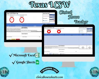 Puede incluir: Dos monitores de ordenador que muestran un Texas LCSW Clinical Hours Tracker. El texto incluye "Texas LCSW", "Clinical Hours Tracker", "Microsoft Excel" y "Google Sheets". El fondo es un diseño de acuarela azul claro.