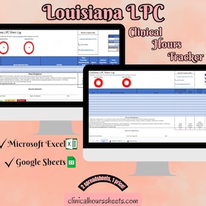 Puede incluir: Dos monitores de ordenador que muestran una hoja de cálculo de Louisiana LPC Clinical Hours Tracker. La imagen incluye el texto "Louisiana LPC", "Clinical Hours Tracker", "Microsoft Excel", "Google Sheets" y "clinicalhourssheets.com". El fondo es de color rosa claro.