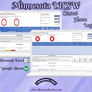 Op de afbeelding: Twee laptops tonen een Minnesota LICSW Clinical Hours Log. De tekst bevat compatibiliteit met "Microsoft Excel" en "Google Sheets". De afbeelding heeft een paars-blauwe aquarelachtergrond met de tekst "2 spreadsheets, 1 prijs!" en "clinicalhourssheets.com".